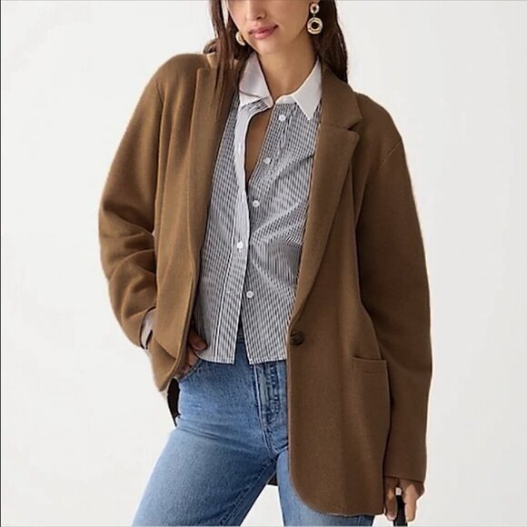 J. CREW Cecile Heritage Relaxed Fit Cotton Merino Knit Brown Sweater Blazer XS - Picture 1 of 9